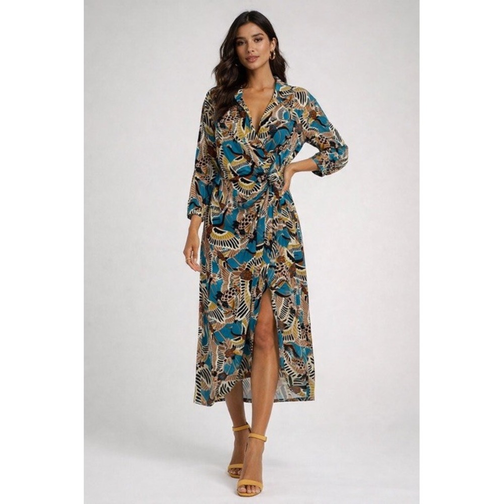 NWT TEREA Raina Faux Wrap Tropical Maxi Dress Blue Tan L